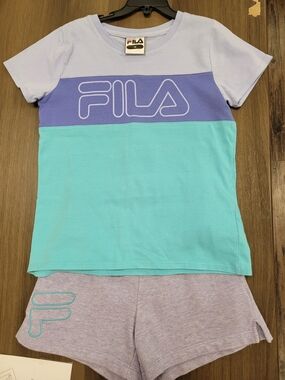 FILA Pastel Colorblock Tee & Shorts Set in Lavender, Aqua, Purple